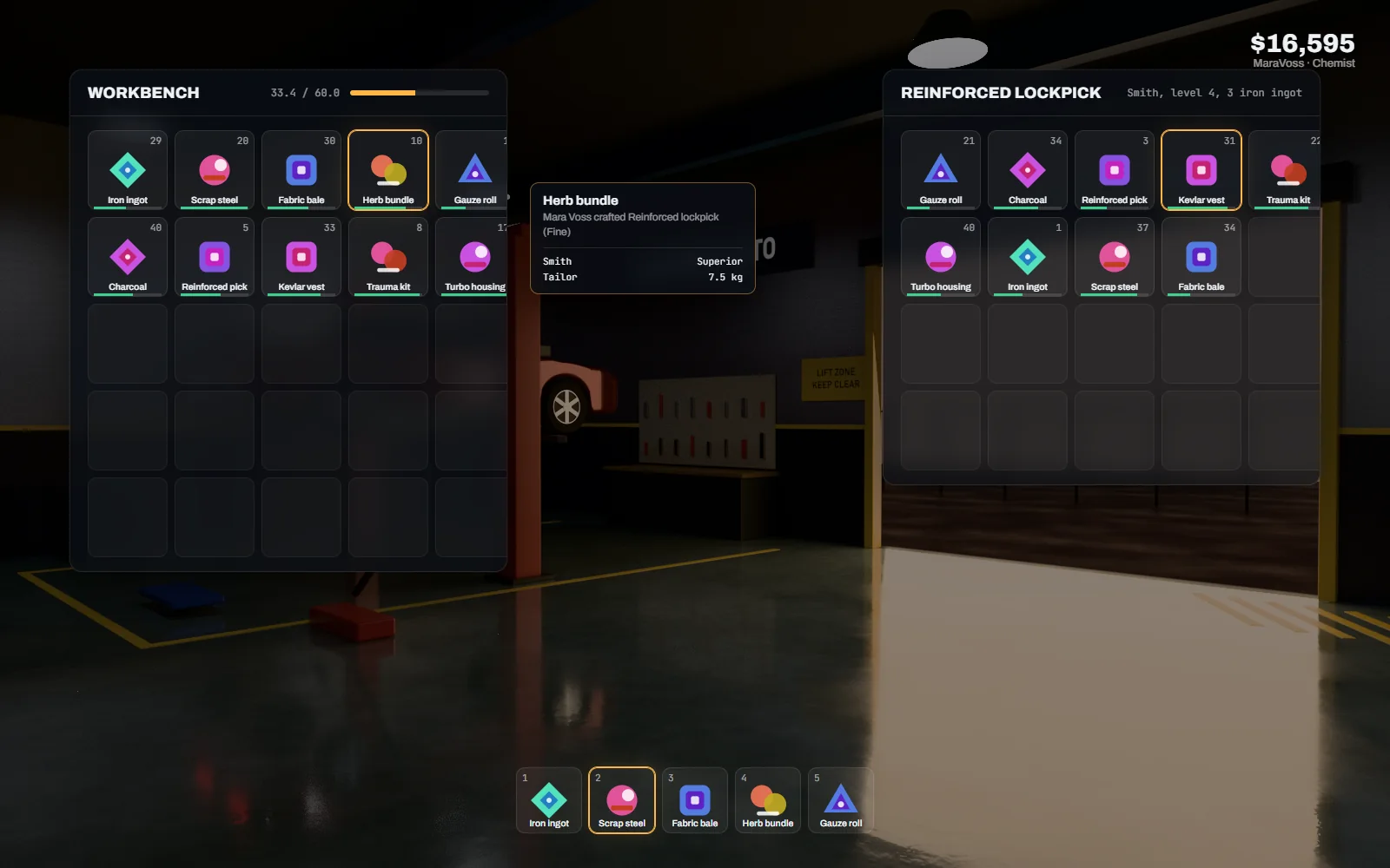 Inventory grid holding gathered ore, herbs, scrap and fabric alongside crafted goods, each slot labelled with its quality tier, over a workshop interior