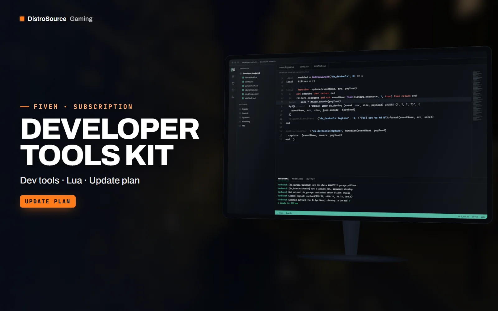 Code editor showing the event logger's main Lua script, a file tree of the tool resources and a captured event payload in the terminal panel
