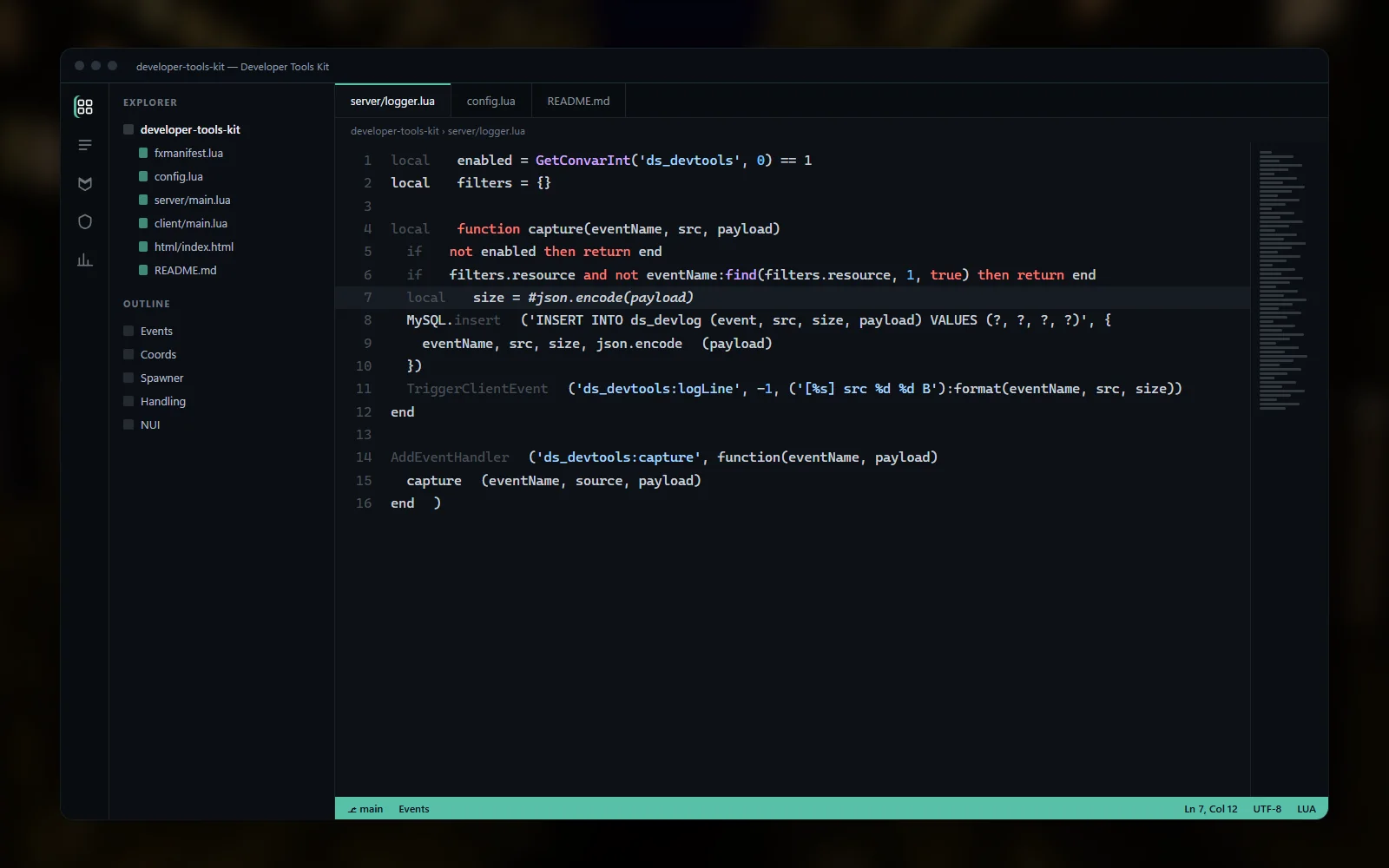 Configuration file for the developer tools open in the editor, with the guard list, ace permission group and query console limits beside the file tree