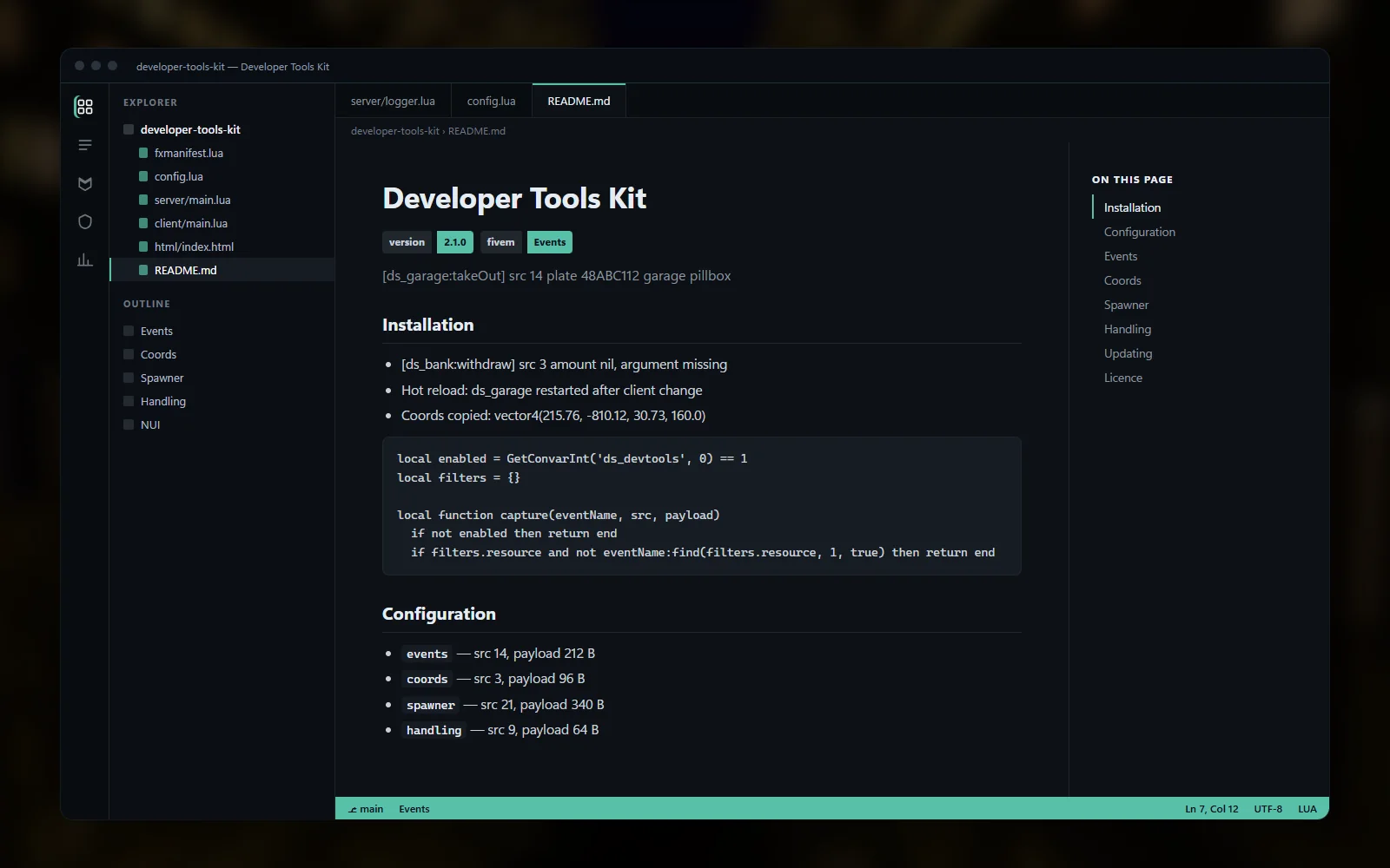 README documentation page listing each tool, its command, its permission and a short usage example, rendered in the editor's preview pane