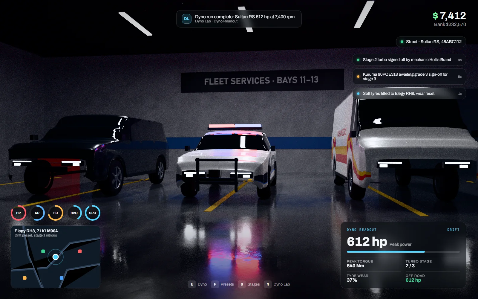 Driving HUD with a boost gauge, nitrous charge, tyre temperature bar and a notification that a stage two turbo has been signed off, over a night street