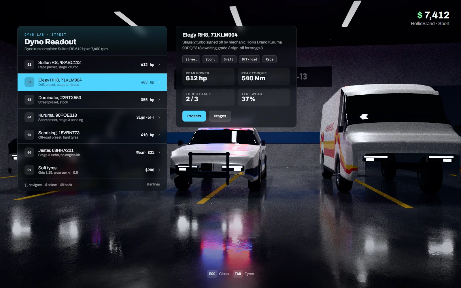 In-game tuning menu listing handling presets, turbo and nitrous stages and tyre compounds with prices and requirements, over a garage