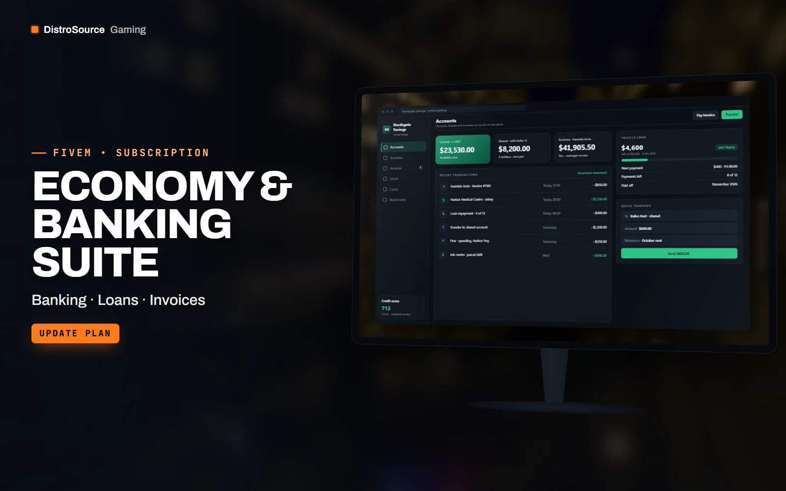 Bank interface with account balances, recent transactions and a loan