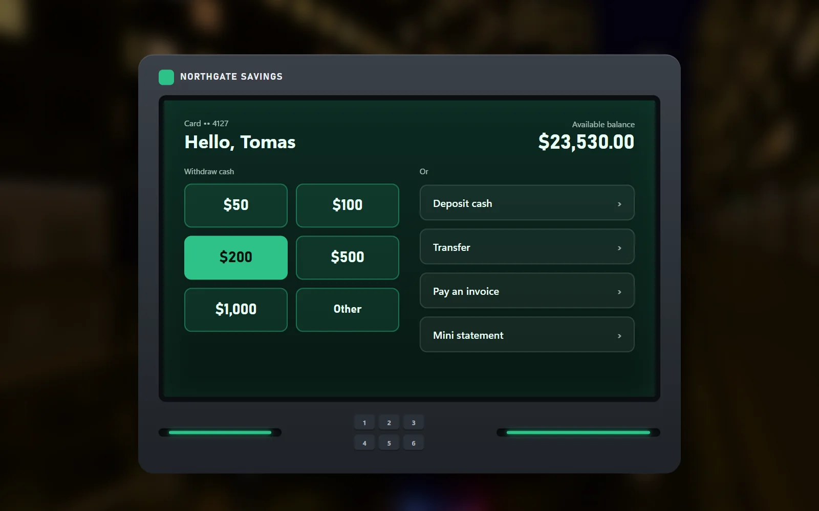 ATM screen with quick withdrawal amounts and a balance
