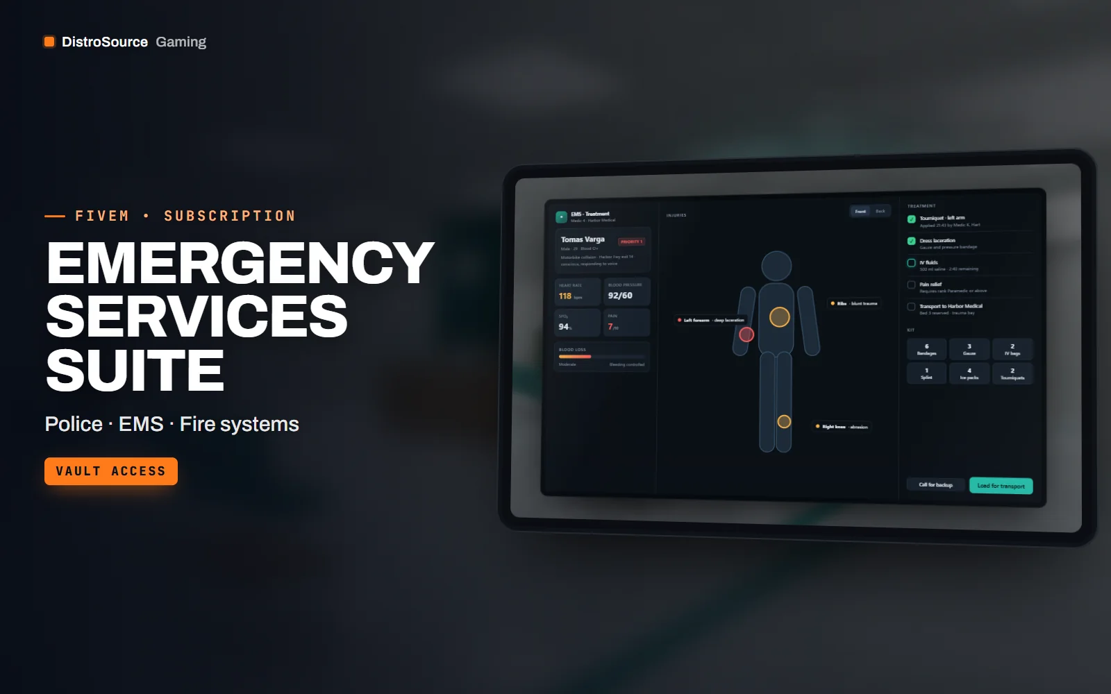 EMS treatment interface with a body chart, injuries and treatment steps