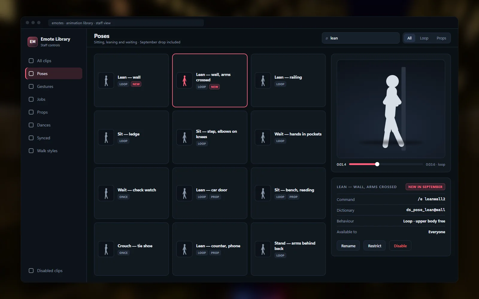 Animation library browser with categories, clip details and a pose preview