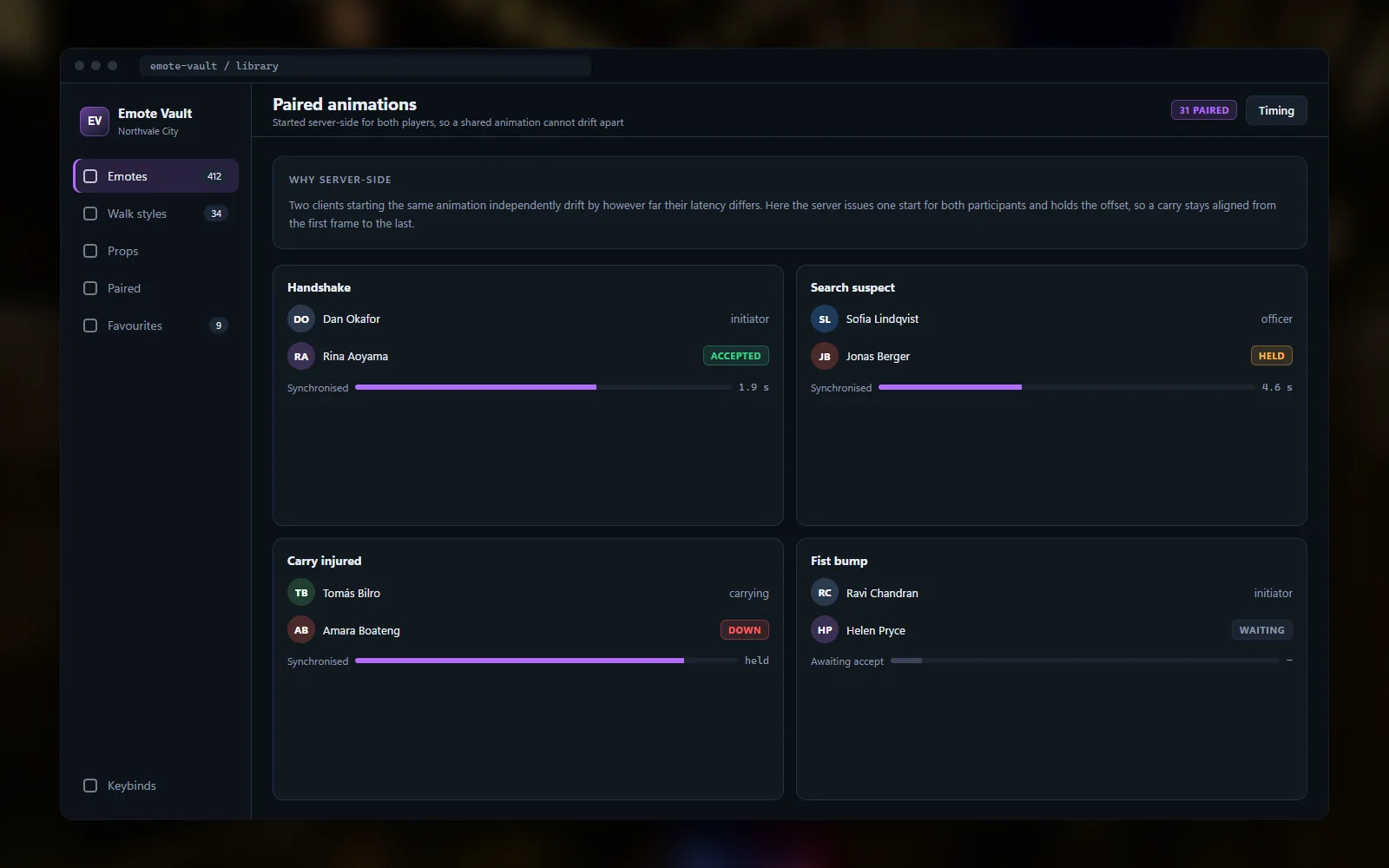 Paired animation list showing which interactions are synchronised server-side