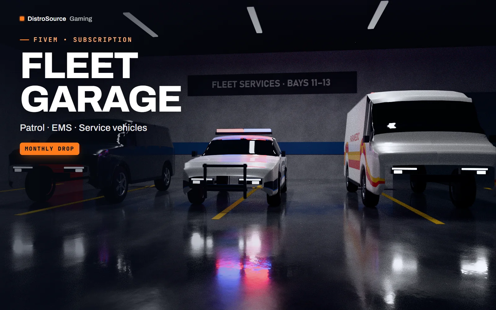 Patrol car and service vehicles parked in a fleet garage under strip lighting