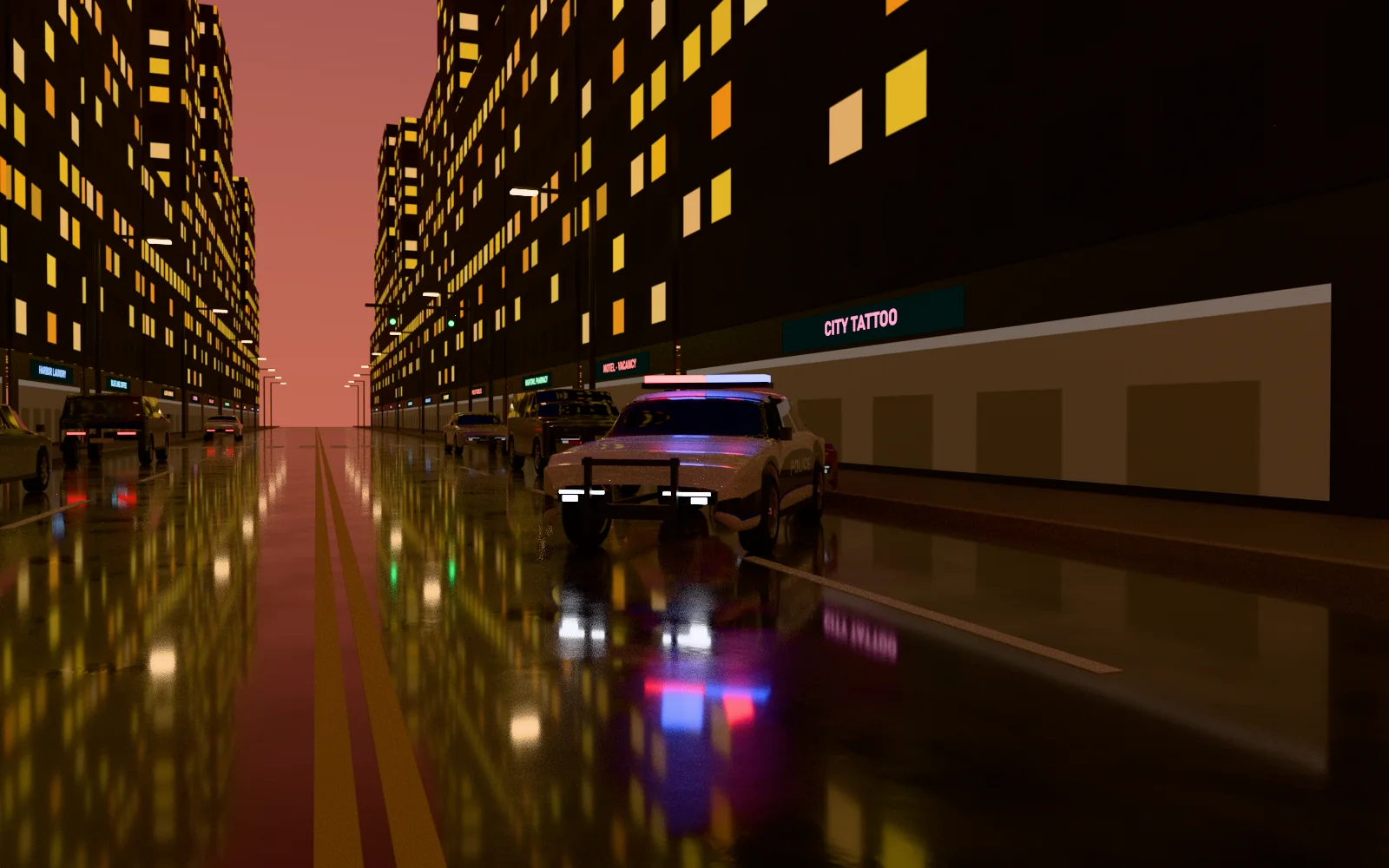 Patrol car on a city street at dusk with its lights on