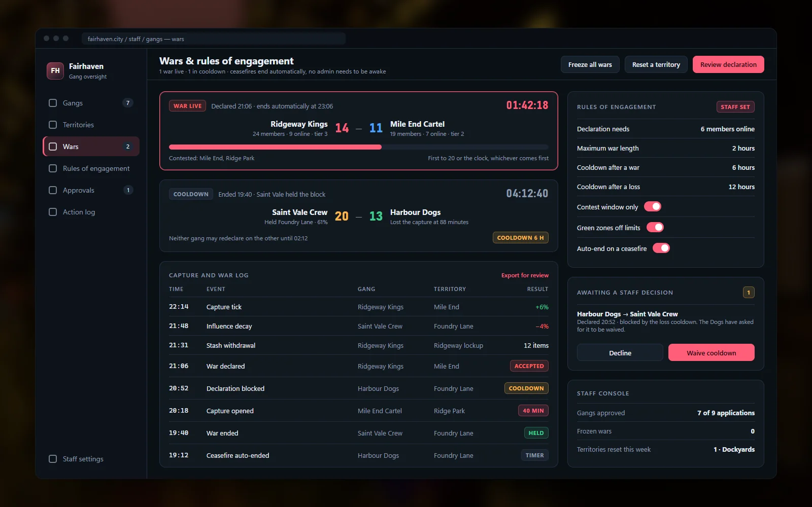War panel with declarations, cooldown timers, rules of engagement and the capture log
