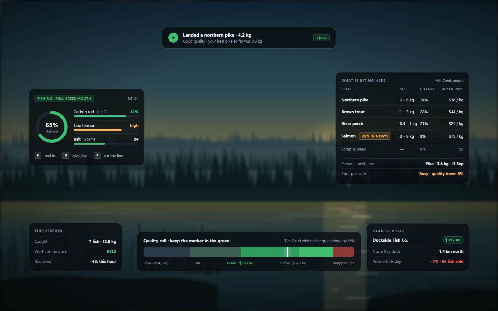 Gathering HUD showing tool durability, a catch table, the quality roll and stamina