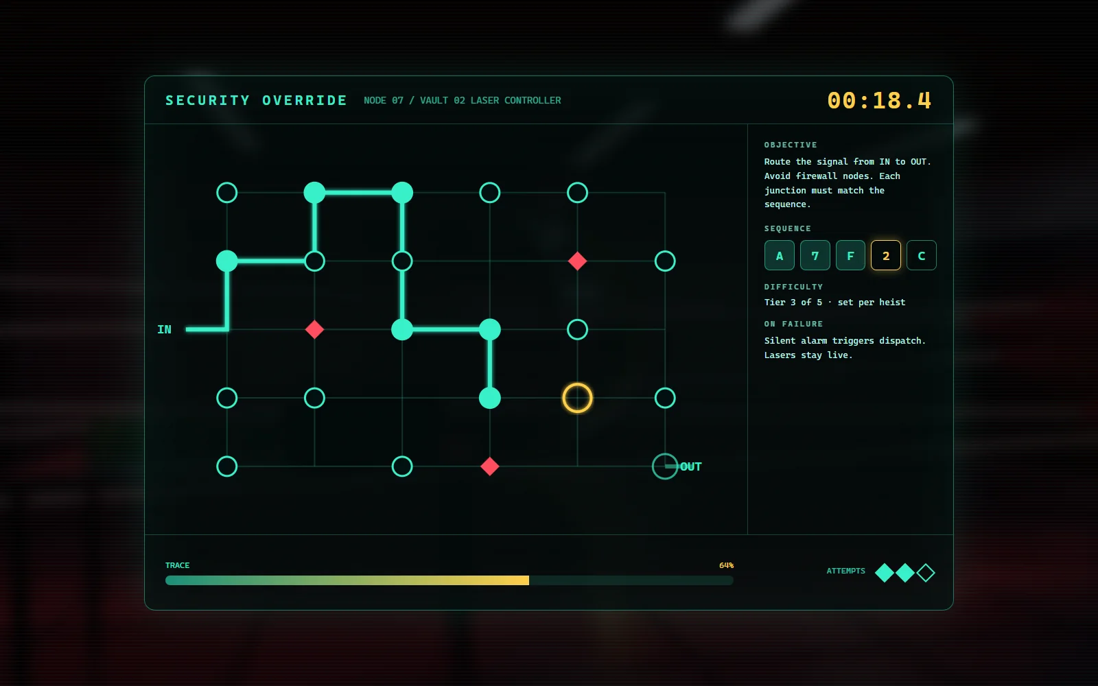 Hacking minigame with a node grid and countdown