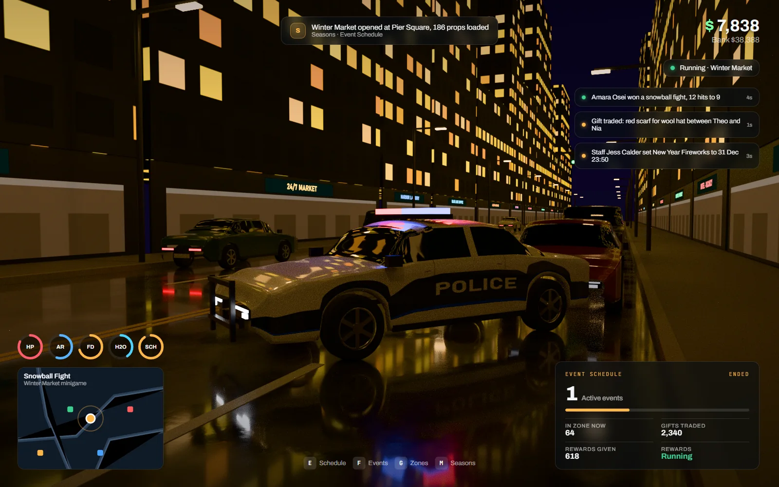 HUD during the winter market with a gift count, snowball fight score, a market minimap marker and an event notification over a lit street
