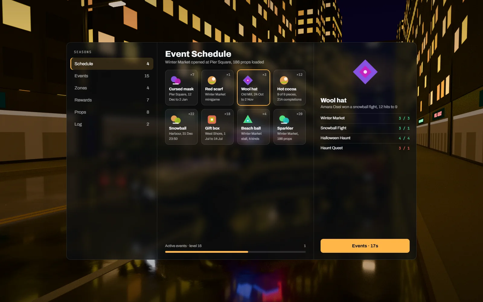 Quest progress panel for the Halloween haunt showing collected pieces, remaining locations, a timer and the reward items unlocked