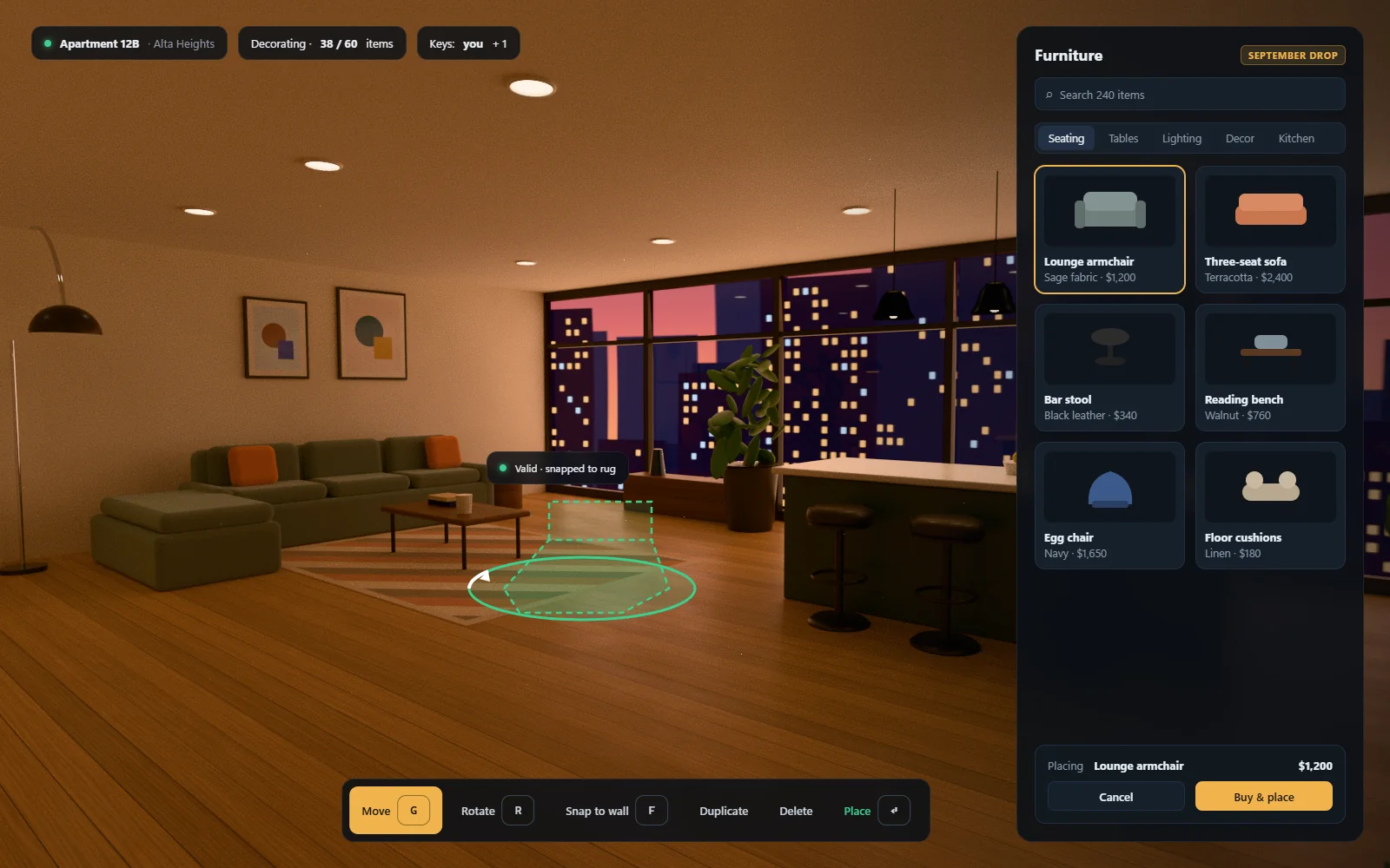 Furniture placement tool with a catalogue panel over the apartment