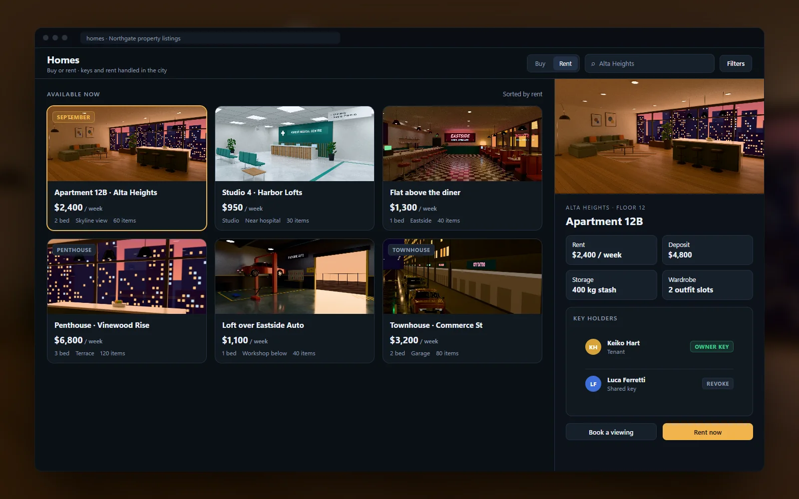 Property listings app with apartments, prices and key holders