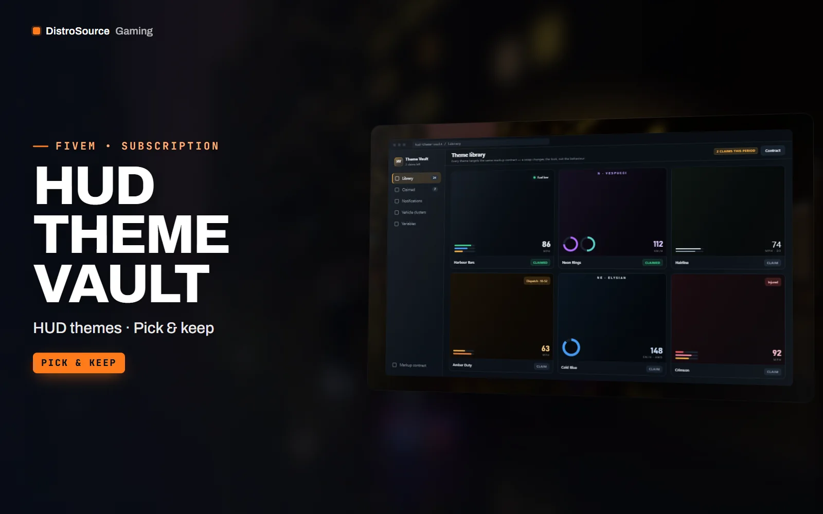 HUD theme gallery showing six complete treatments side by side, each with status ring, vehicle cluster and notification stack, over a blurred night street