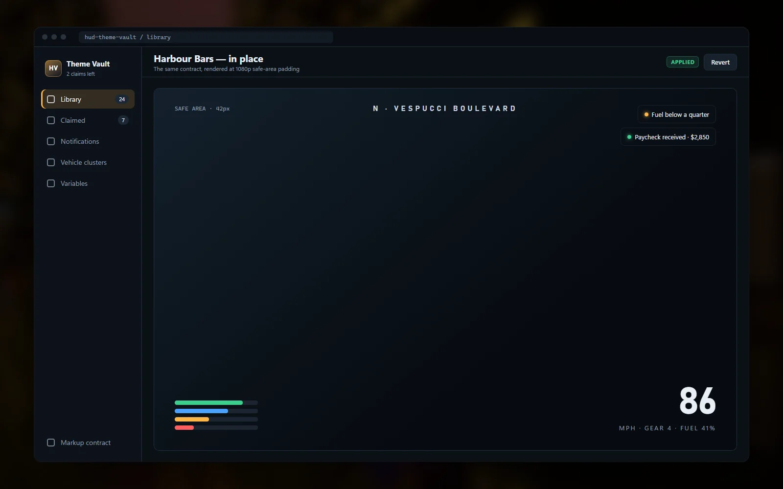 One theme applied in game with status ring, compass and street readout in place