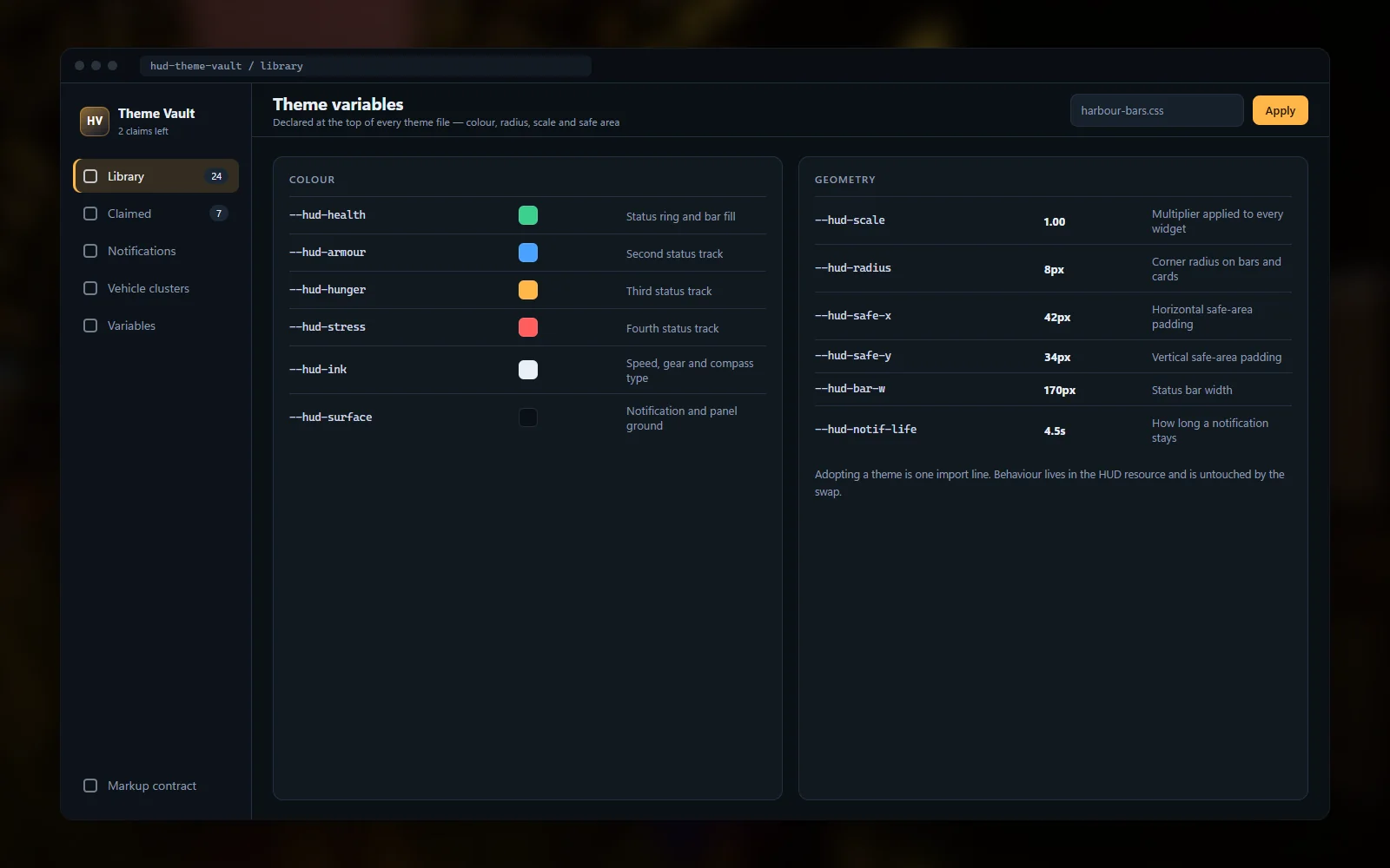 Theme variables panel showing colour, radius, scale and safe-area padding declared at the top of the file