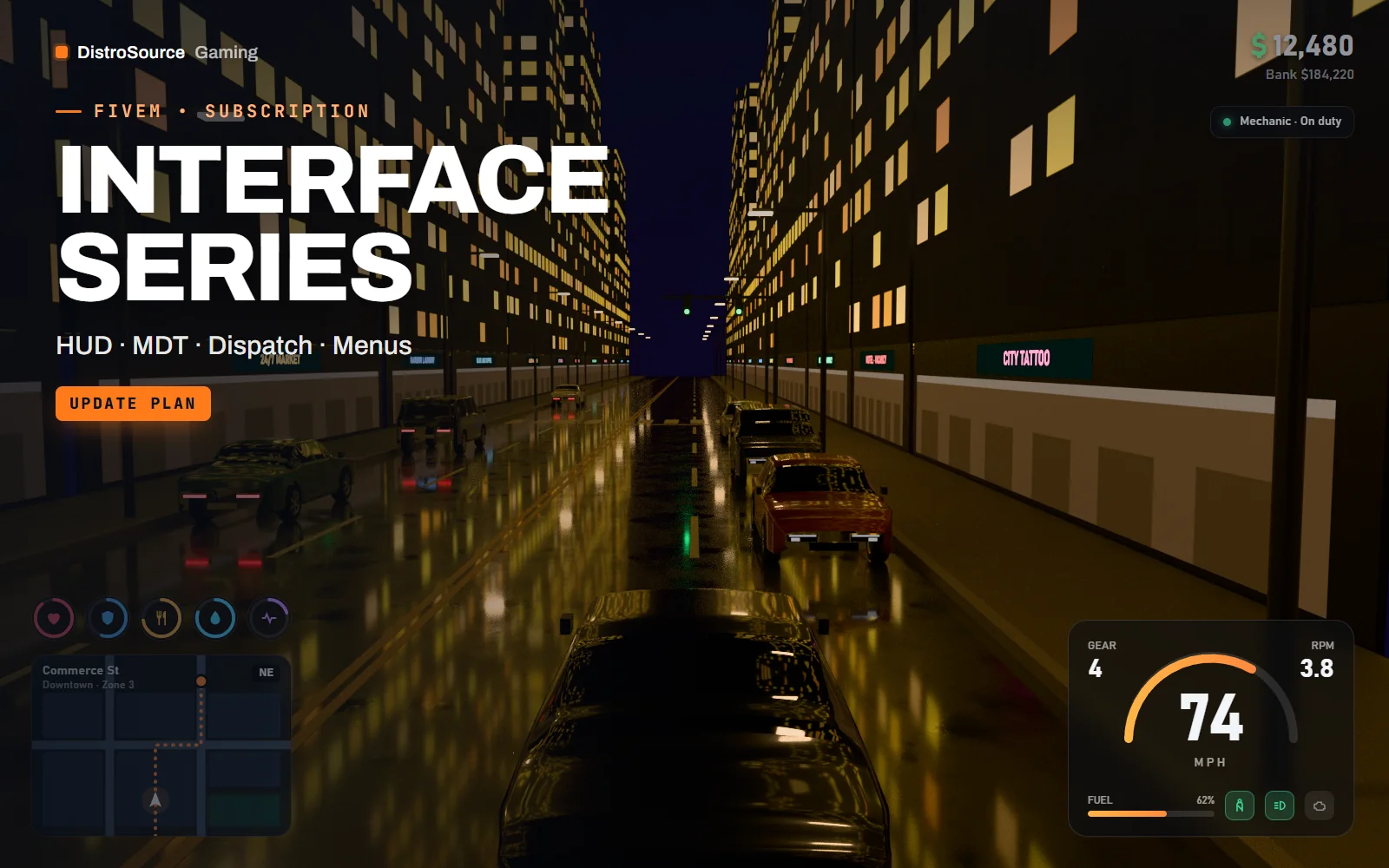 Vehicle and player HUD over a rain-wet night city street, chase view behind the player's car