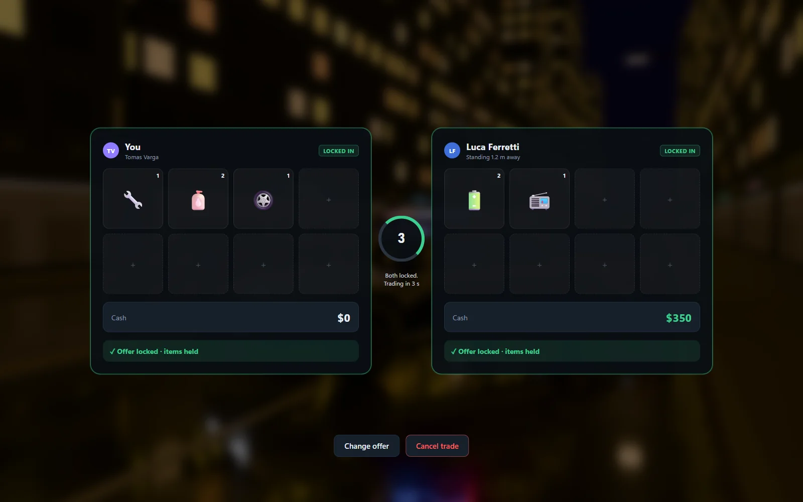 Player trade window with offered items and confirmation