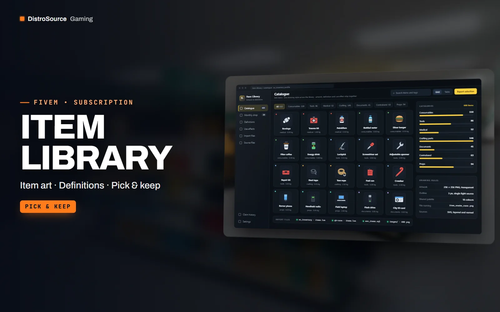 Inventory grid of item icons drawn in one style, with weights and stack counts