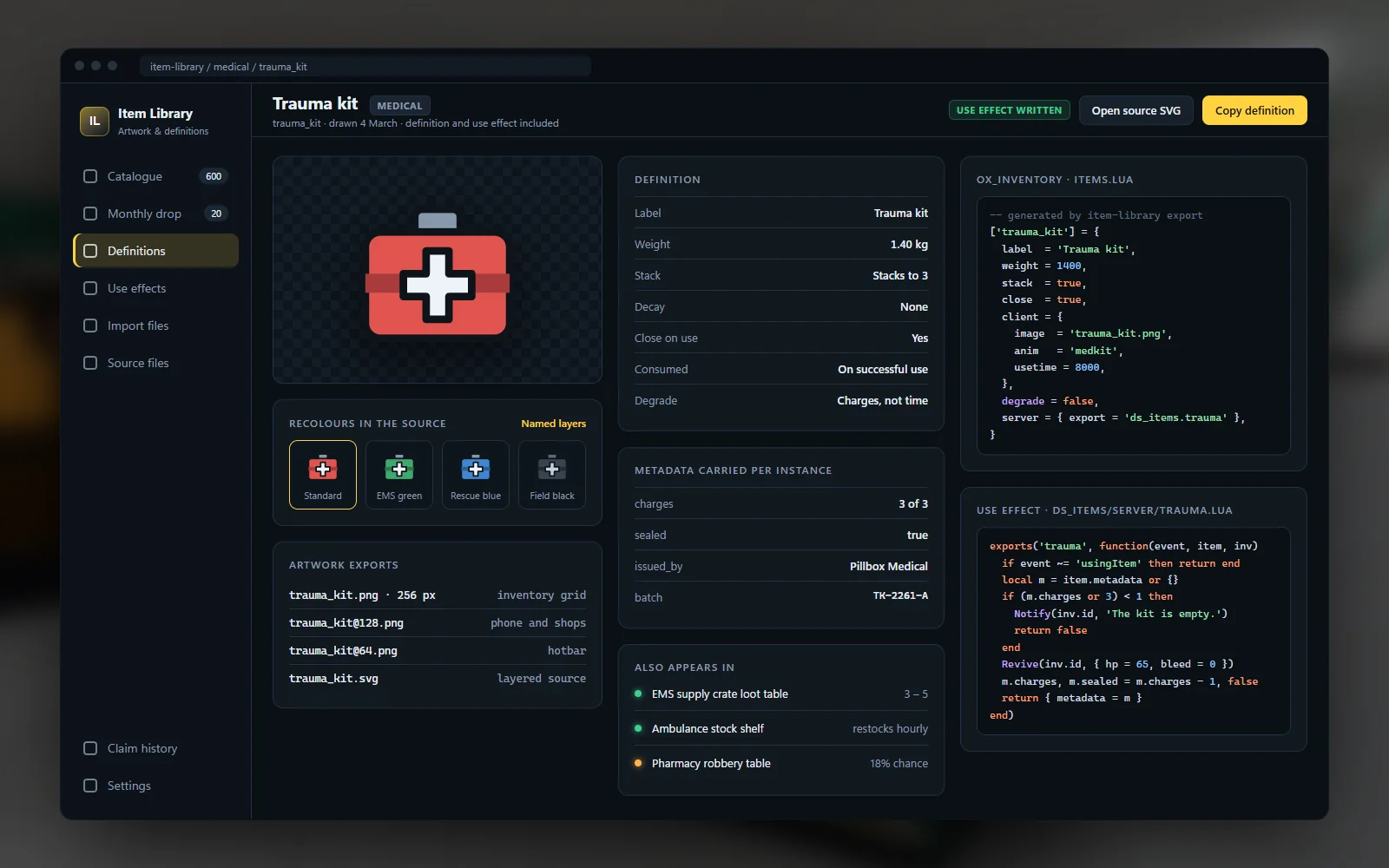 One item's definition with its artwork, weight, stack, decay, metadata and use effect