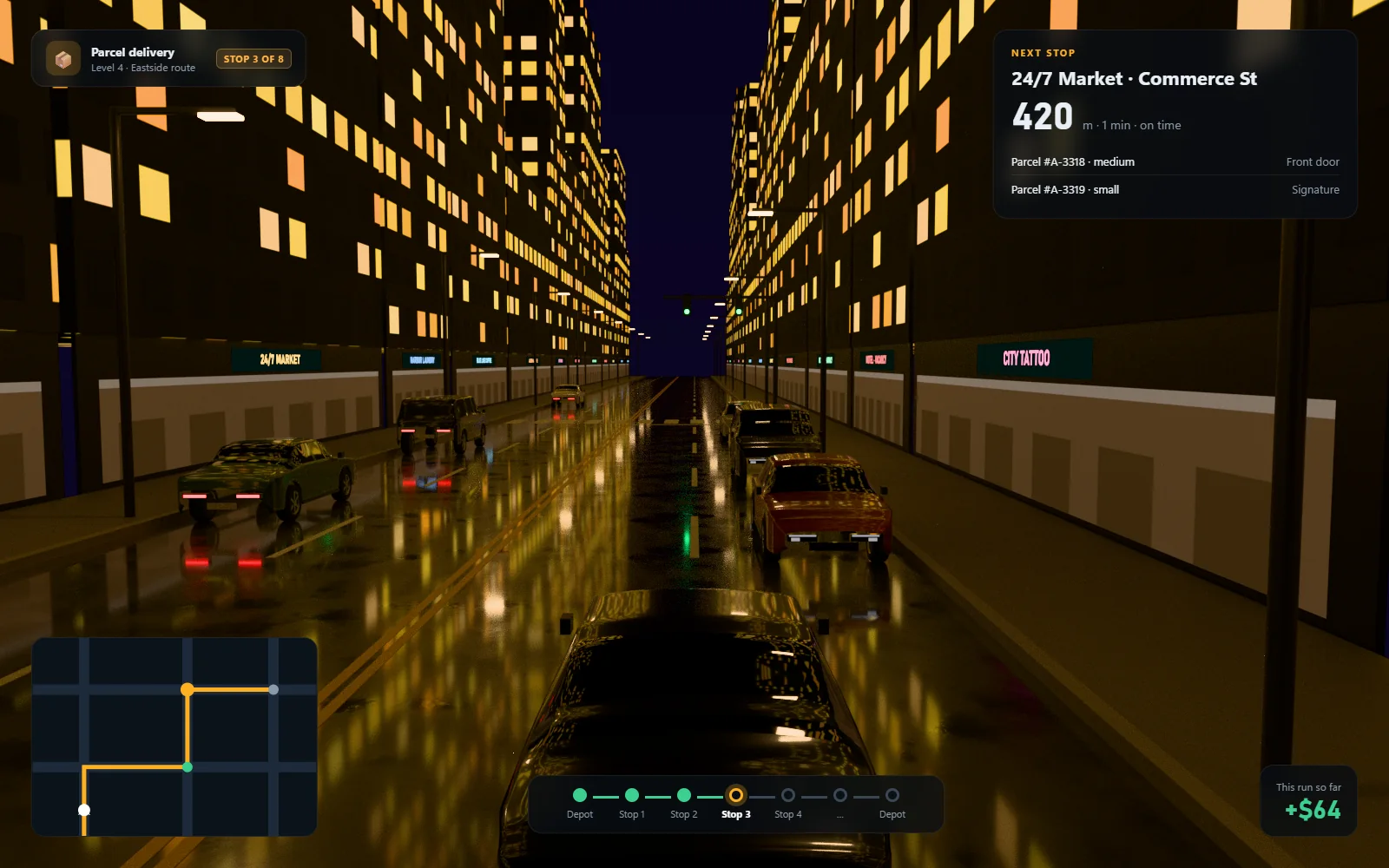 Delivery route HUD with the next stop, cargo and route map