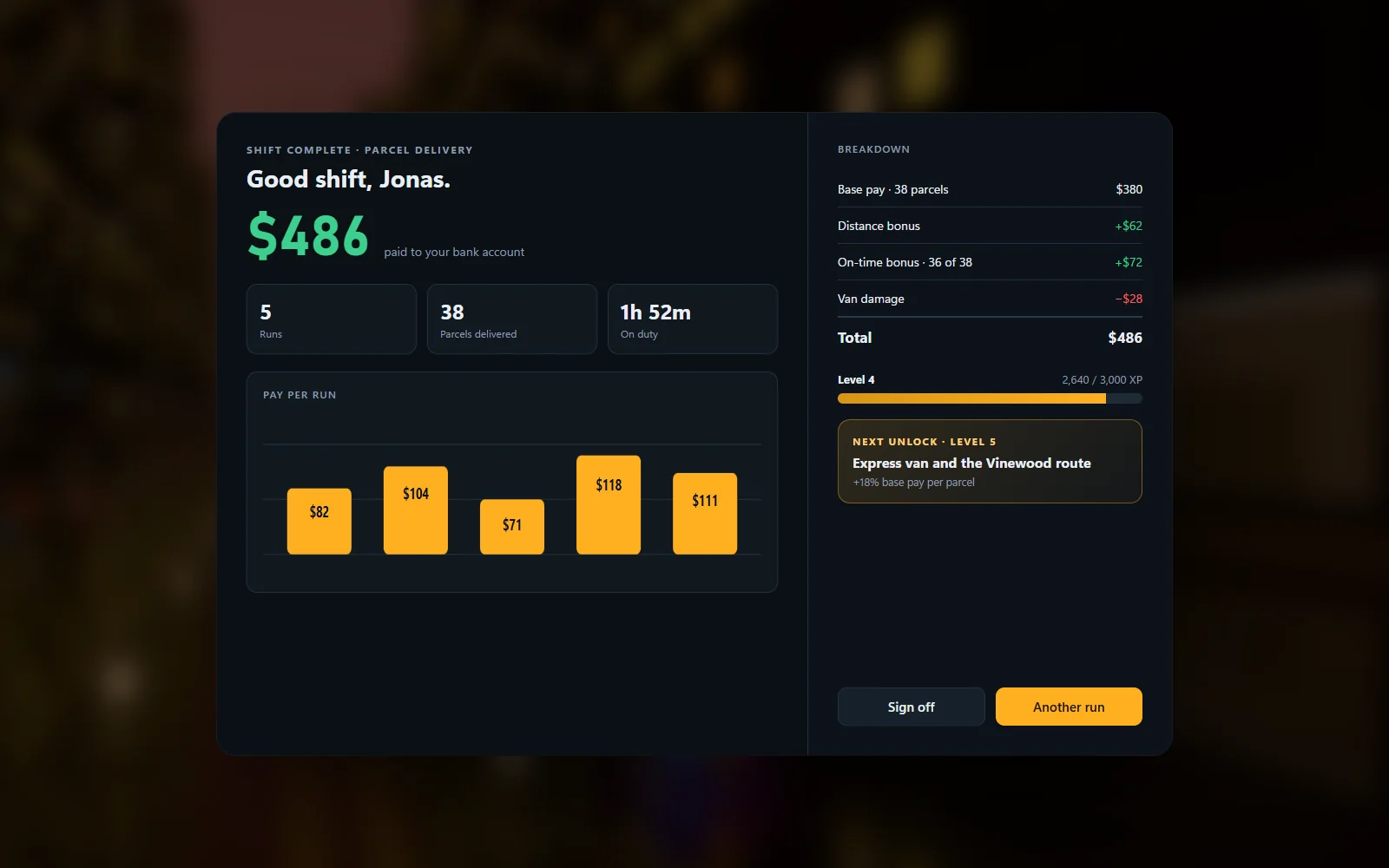 Shift summary with deliveries, earnings and progression
