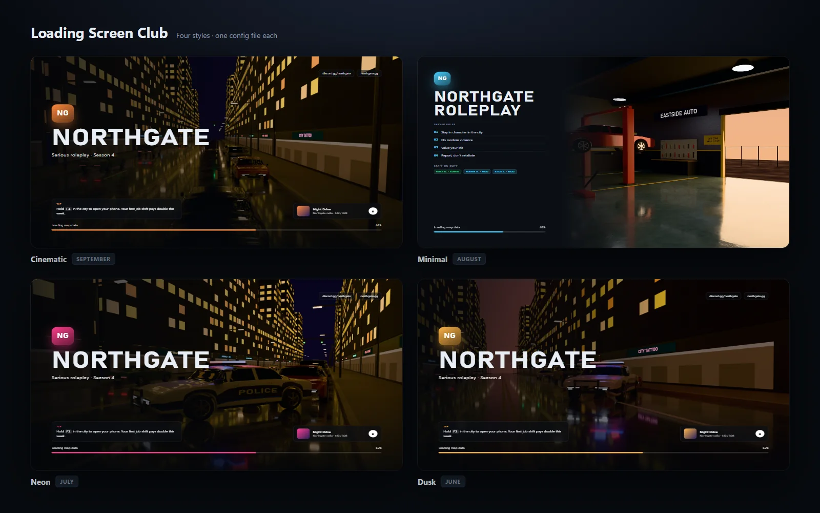 Four loading screen styles from the monthly set