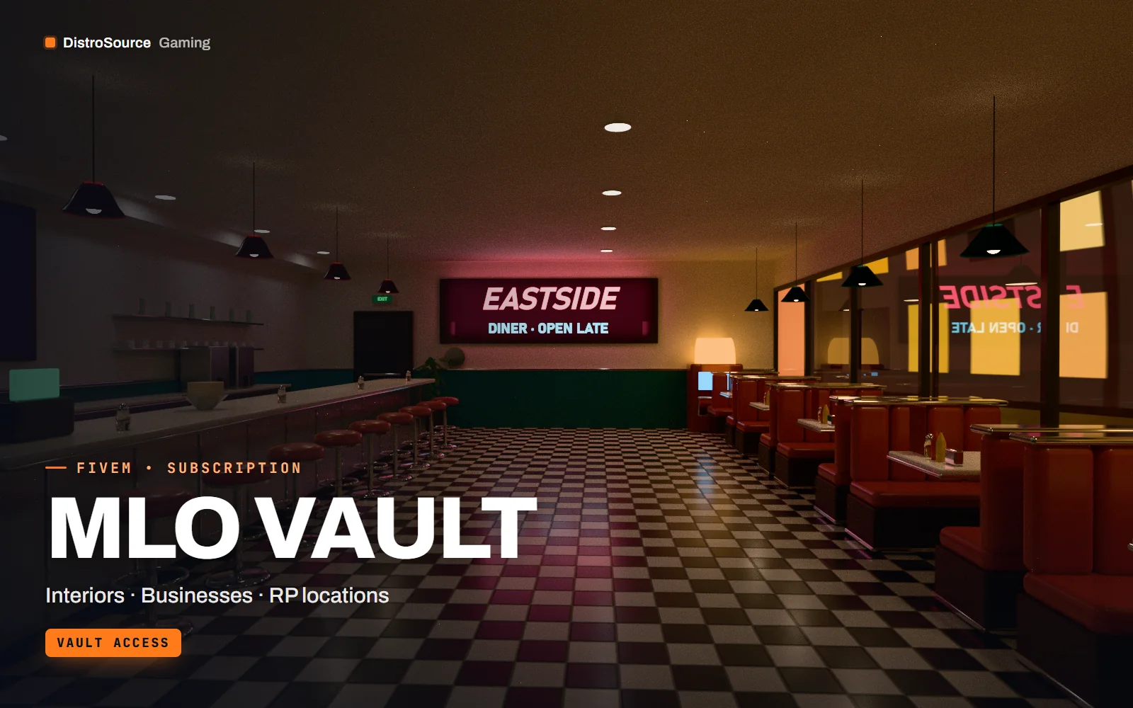 Diner interior at dusk with red vinyl booths, a chrome counter and a checker floor