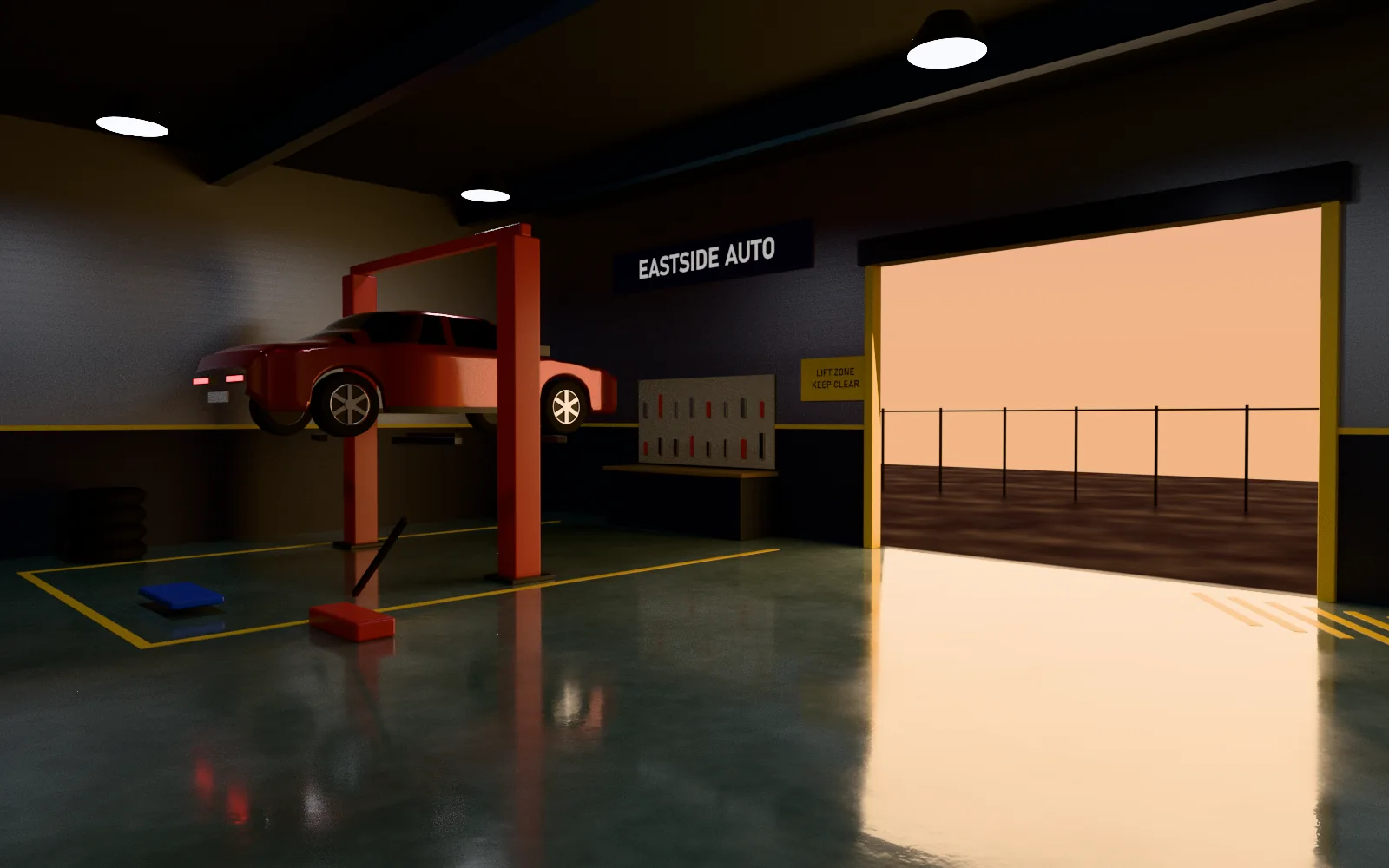Mechanic workshop interior with a vehicle lift, tool chests and an open roller door
