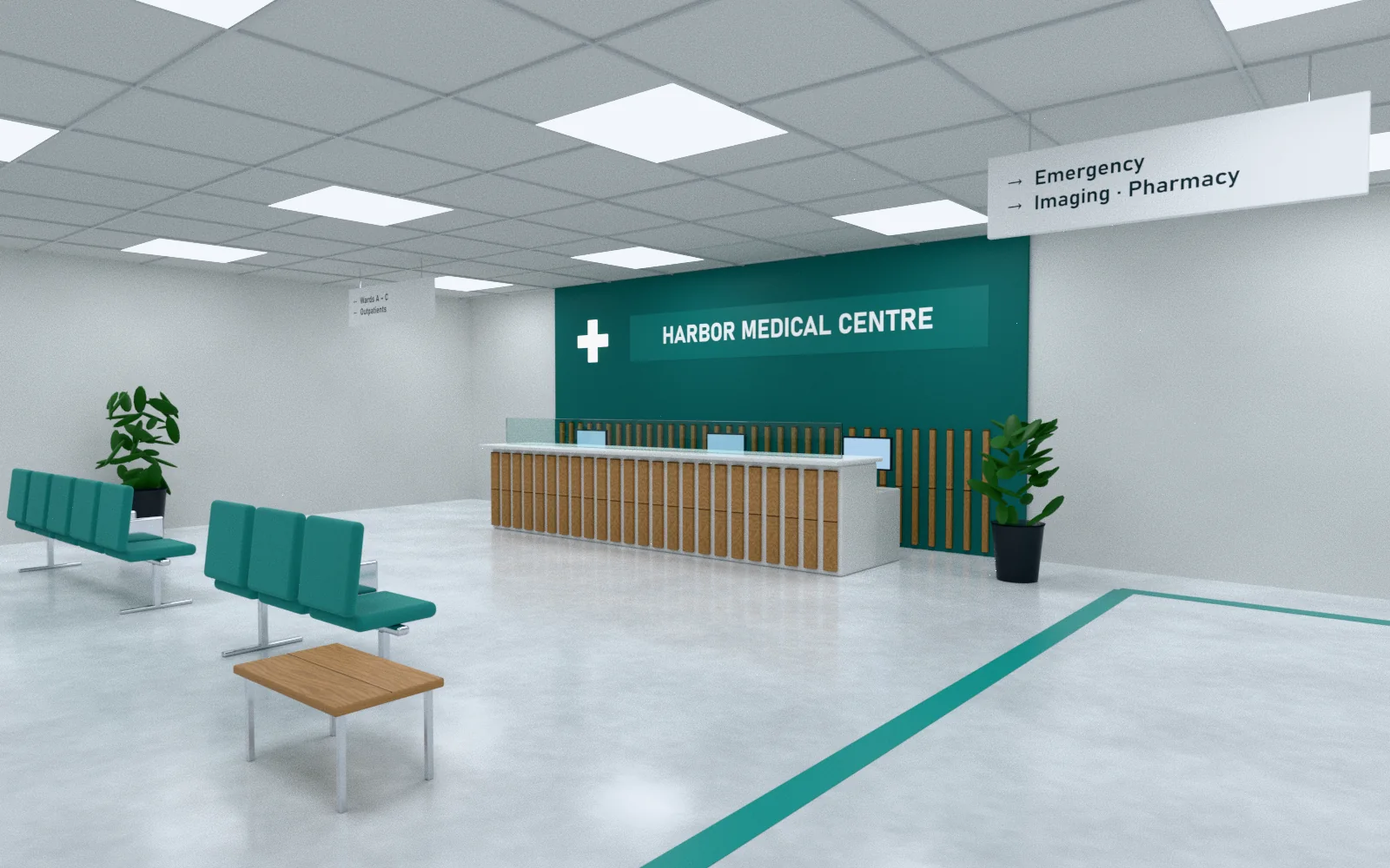 Medical centre reception with a waiting area, front desk and wayfinding signs