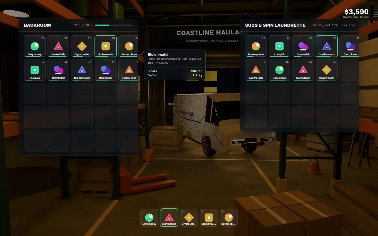 Inventory grid holding dirty money batches, a crypto wallet card, stolen goods and tools, with batch serials shown on hover