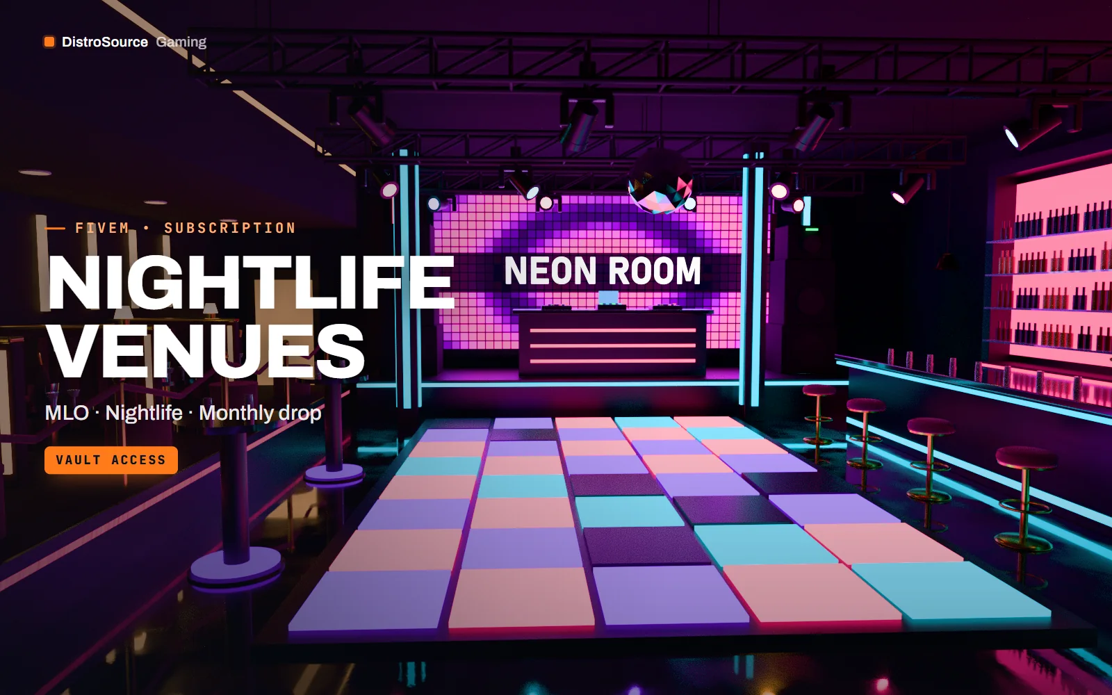 Club main room seen from the balcony, with a stage, dance floor, bar run and truss lighting