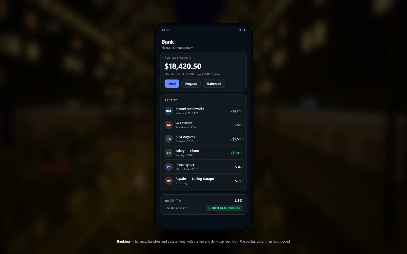 Banking app with balance, recent transfers and a send-money form