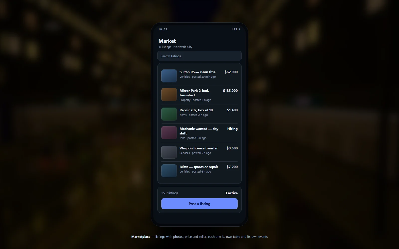 Classifieds marketplace listing with photos, price, seller and a contact action