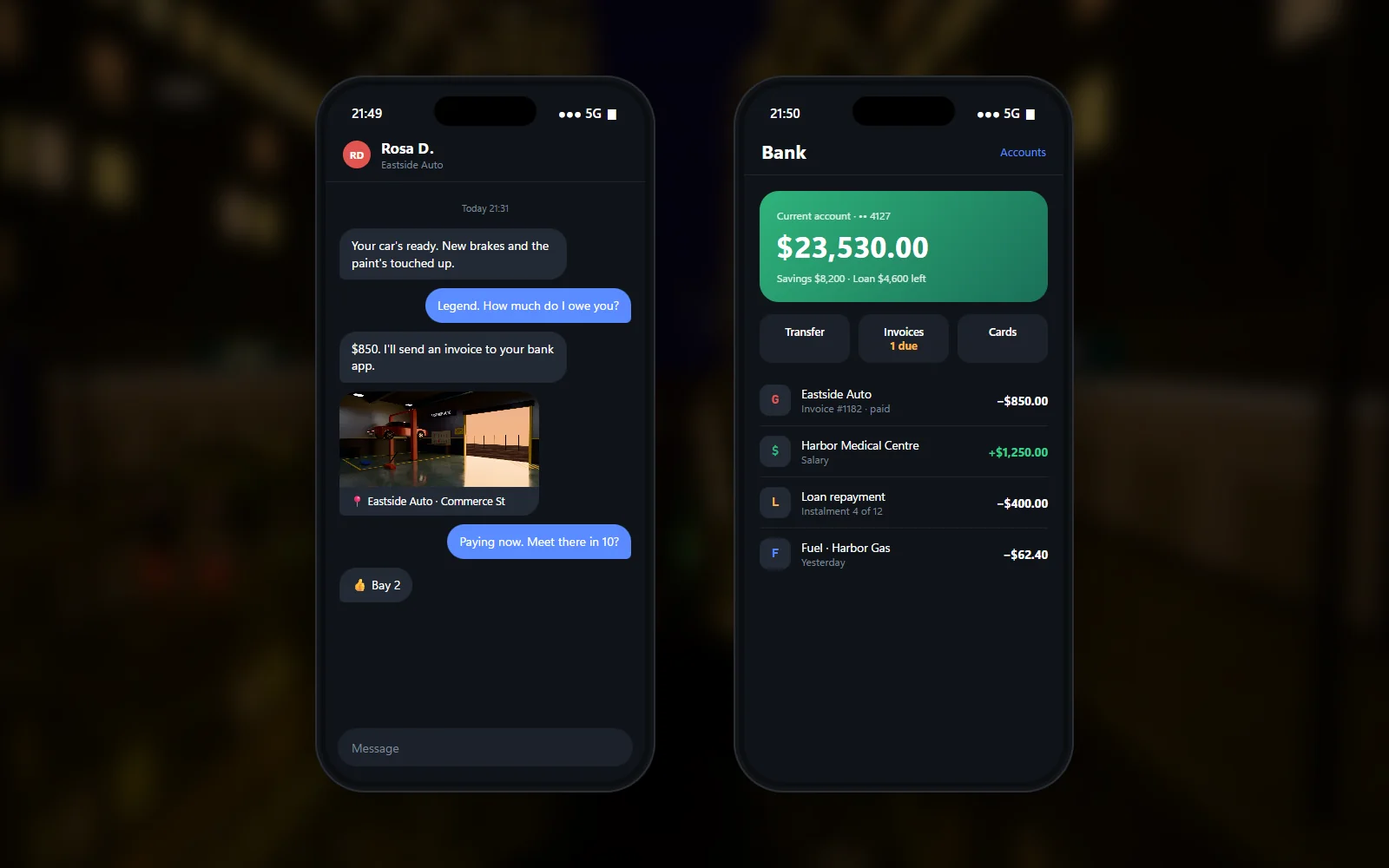 Messages conversation and banking app side by side