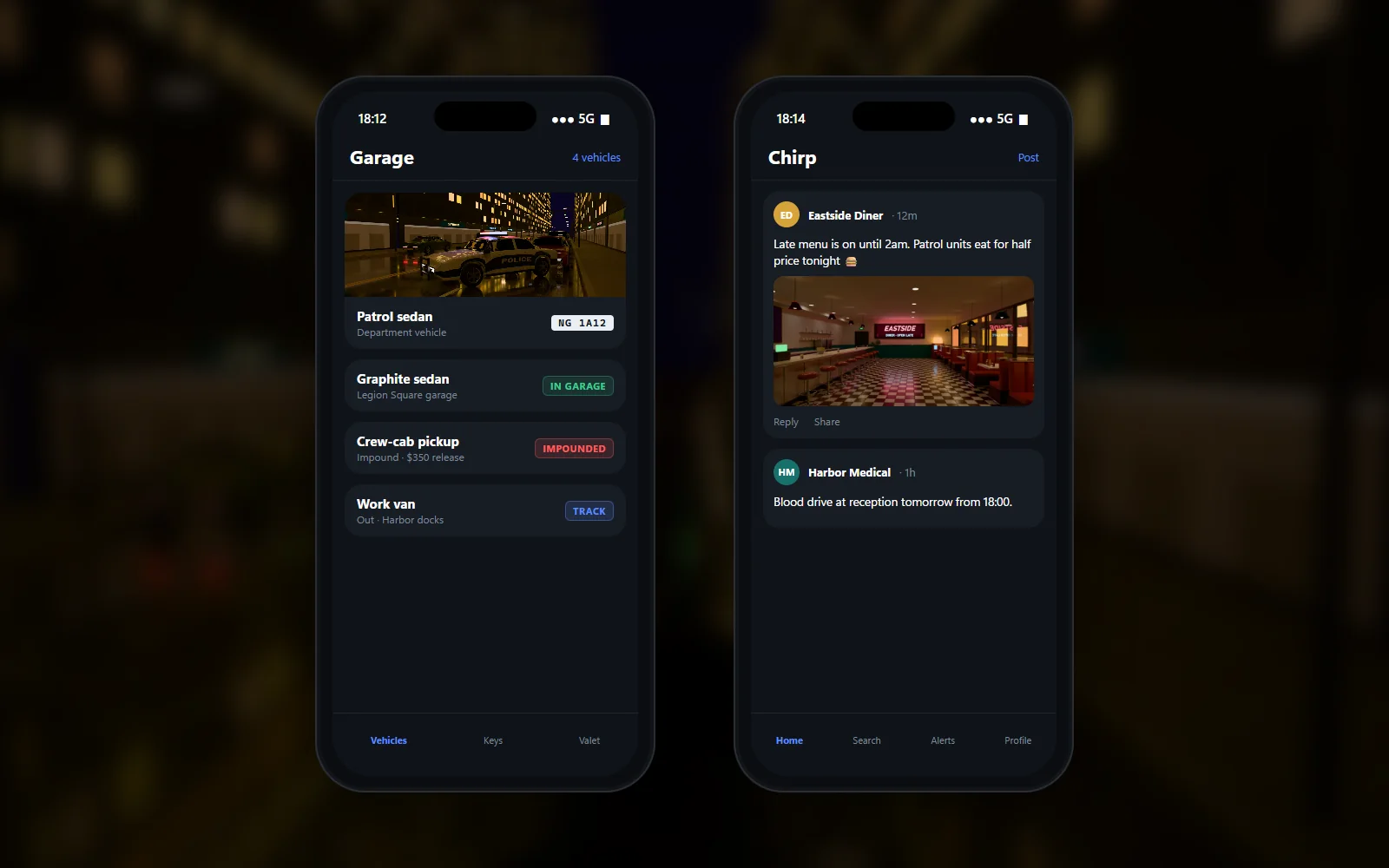 Garage app and city social feed side by side