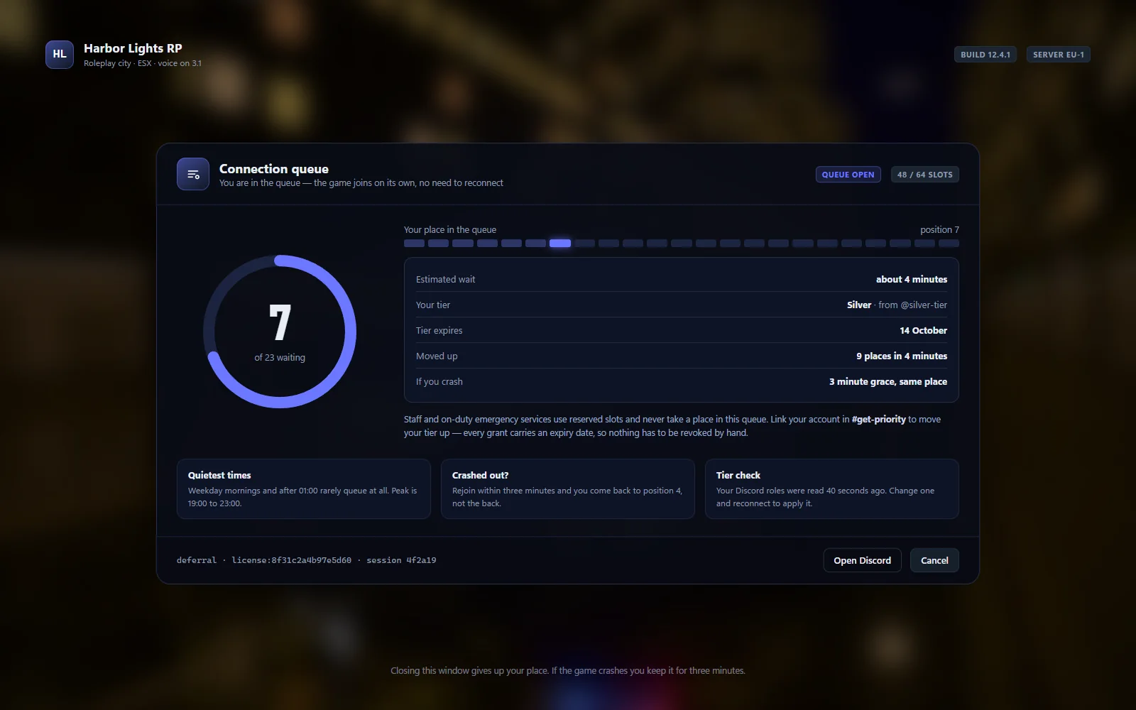 Deferral card a waiting player sees, with position, estimated wait, tier and grace timer