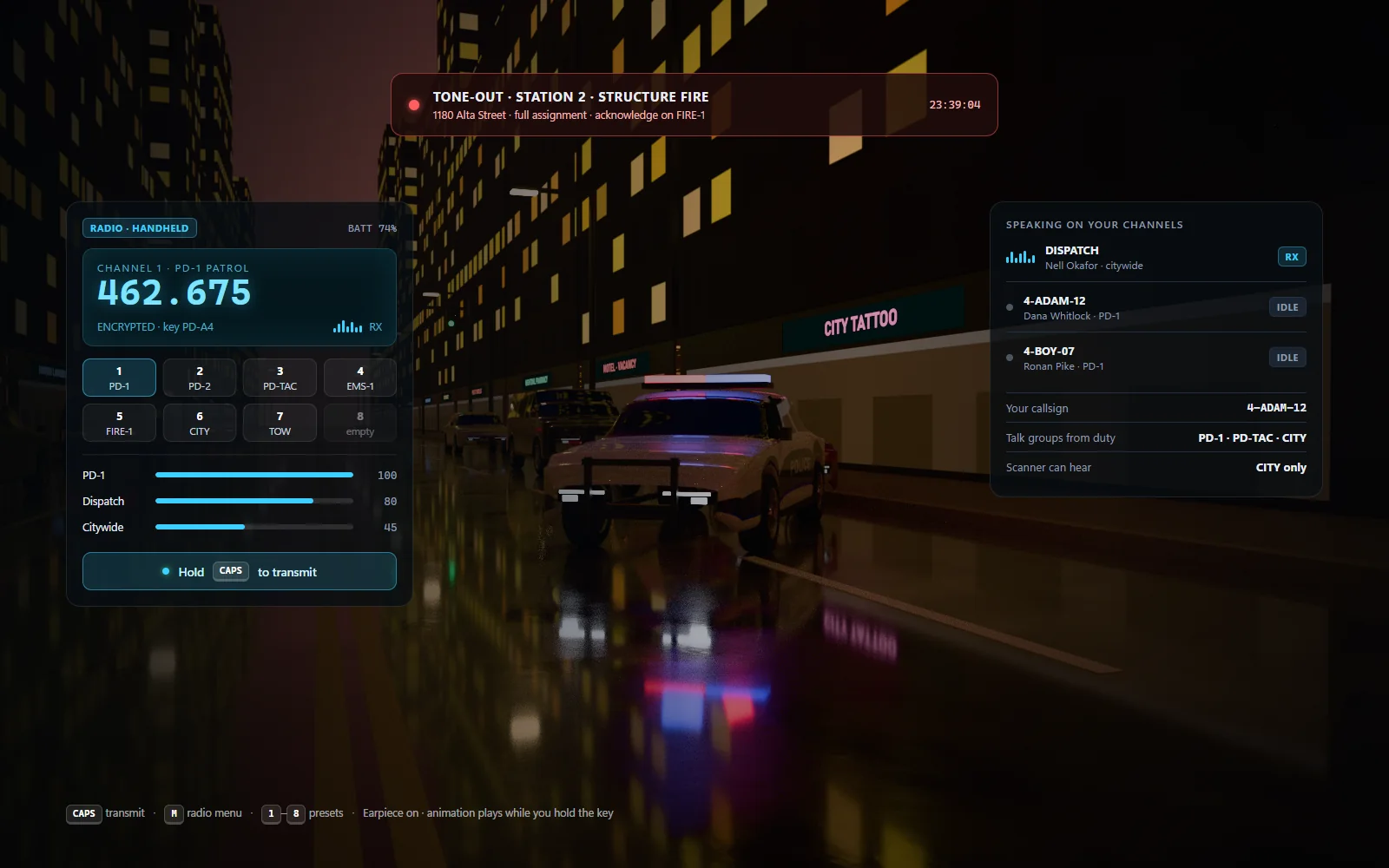 In-game radio panel with frequencies, presets, per-channel volume and the live speaking list