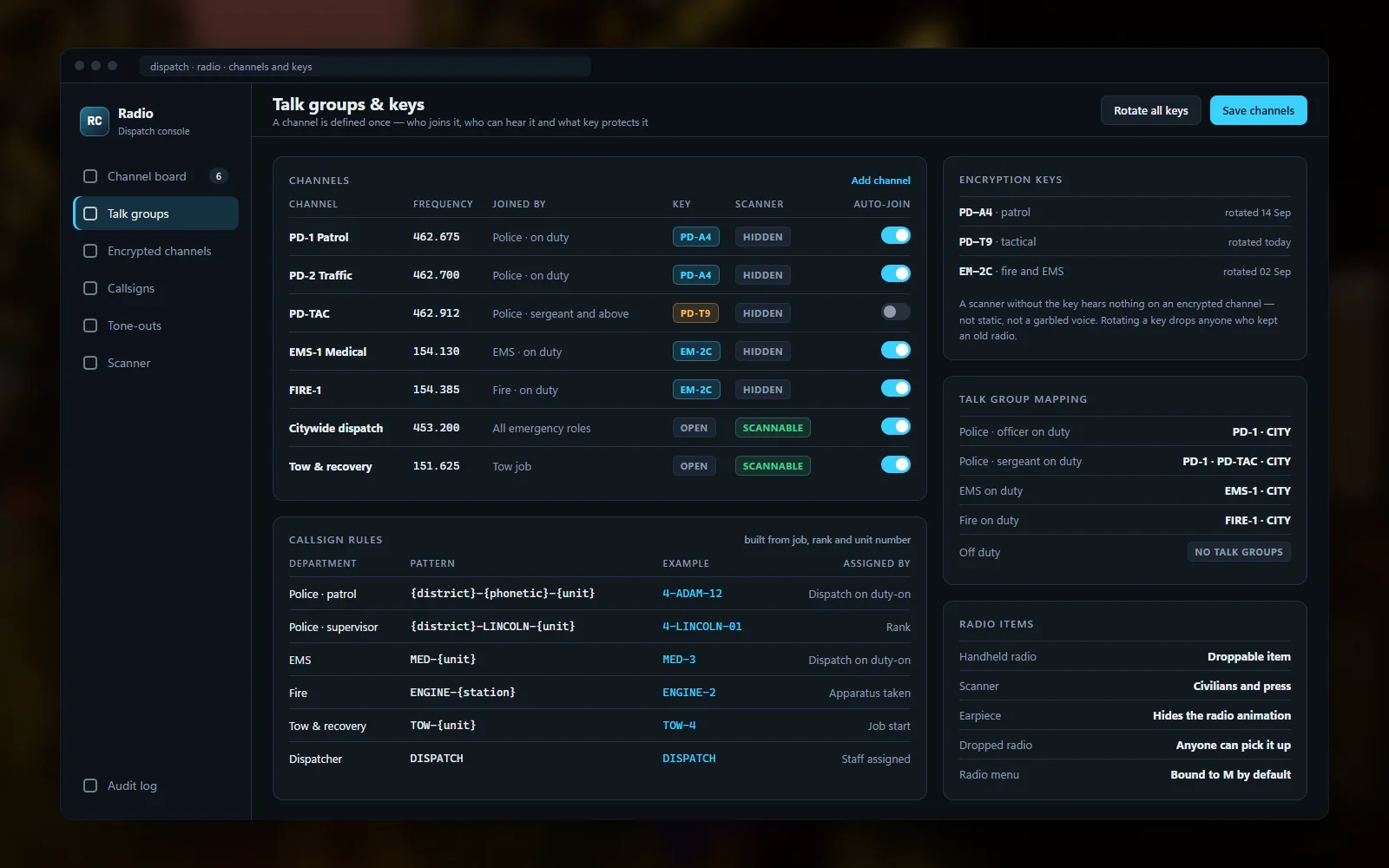Encrypted channel keys, job talk-group mapping and callsign rules