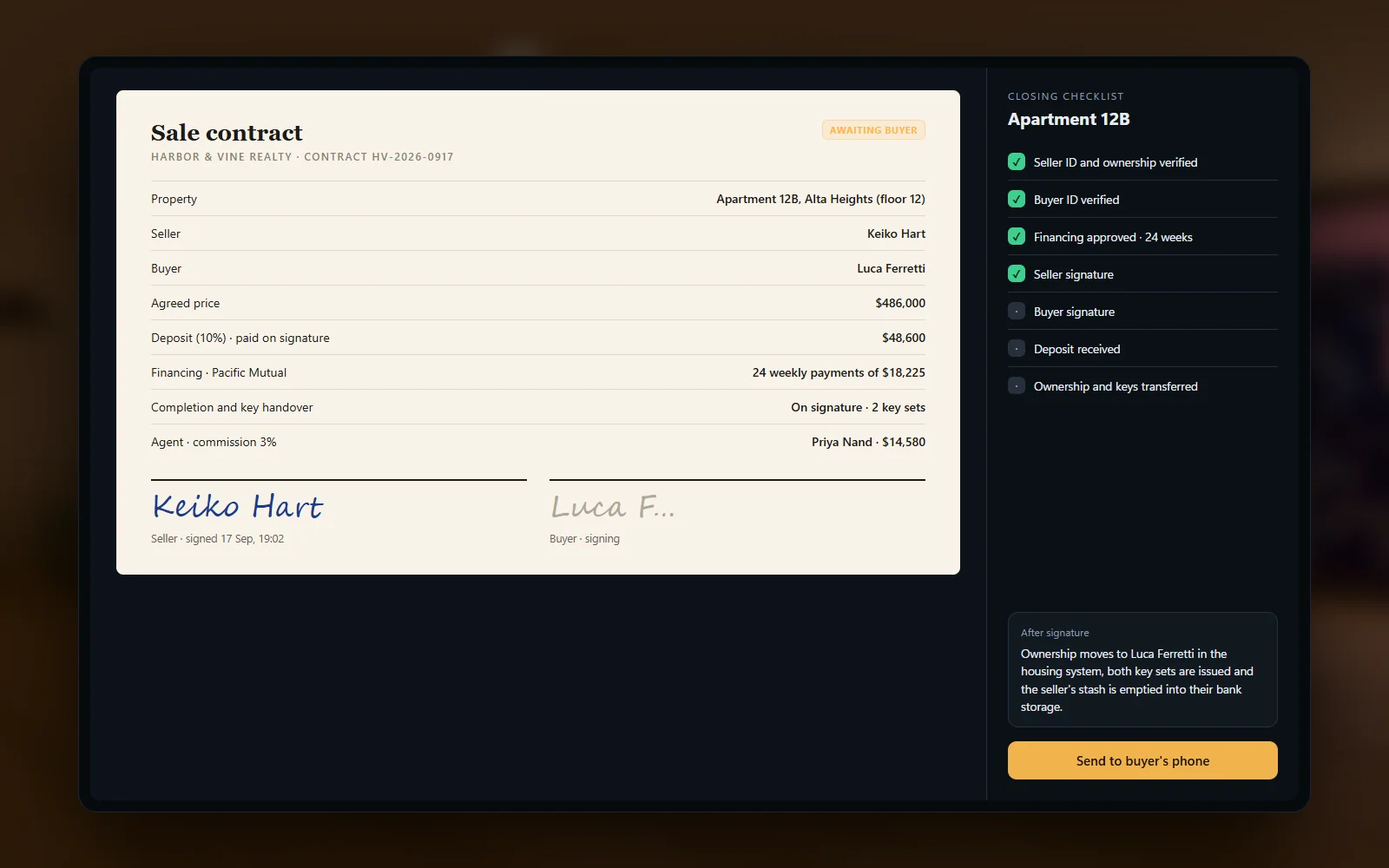 Property sale contract on a tablet with terms, deposit and both signatures