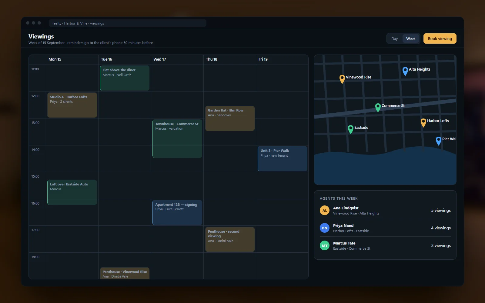 Viewing calendar with a city map, booked viewings and agent assignments