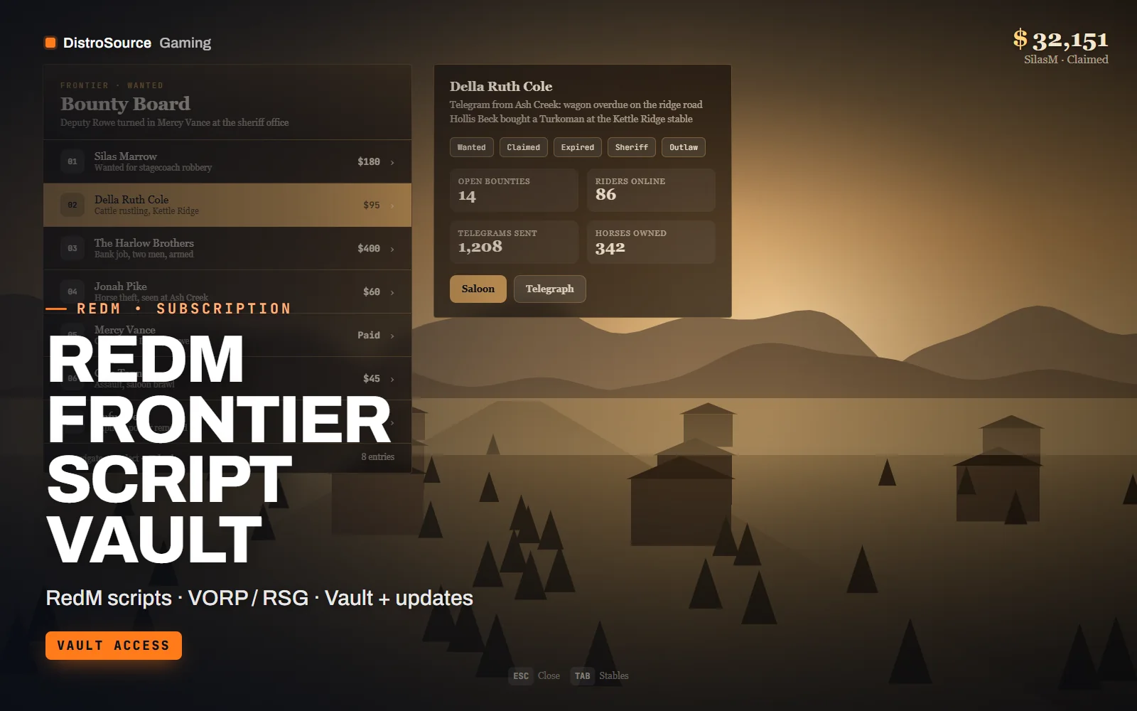 In-game bounty board menu listing wanted posters with reward, last seen location and difficulty rows, shown over a night street in a frontier town
