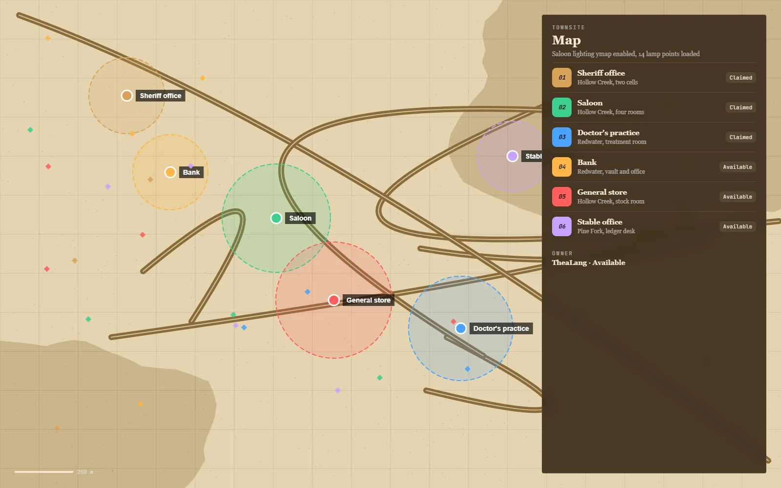 Zone list beside a town map naming each interior, its building, entrance coordinates and claim state, with the saloon selected