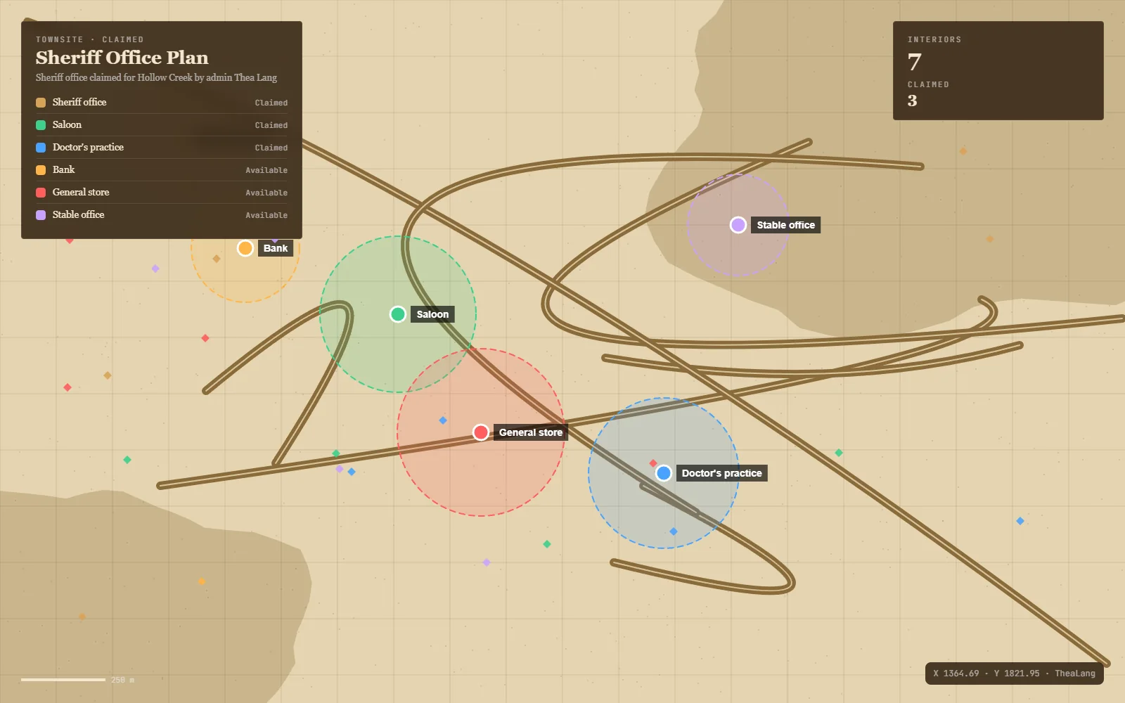 Top-down map of a frontier town with markers on the bank, saloon, doctor, store, stable office and church interiors