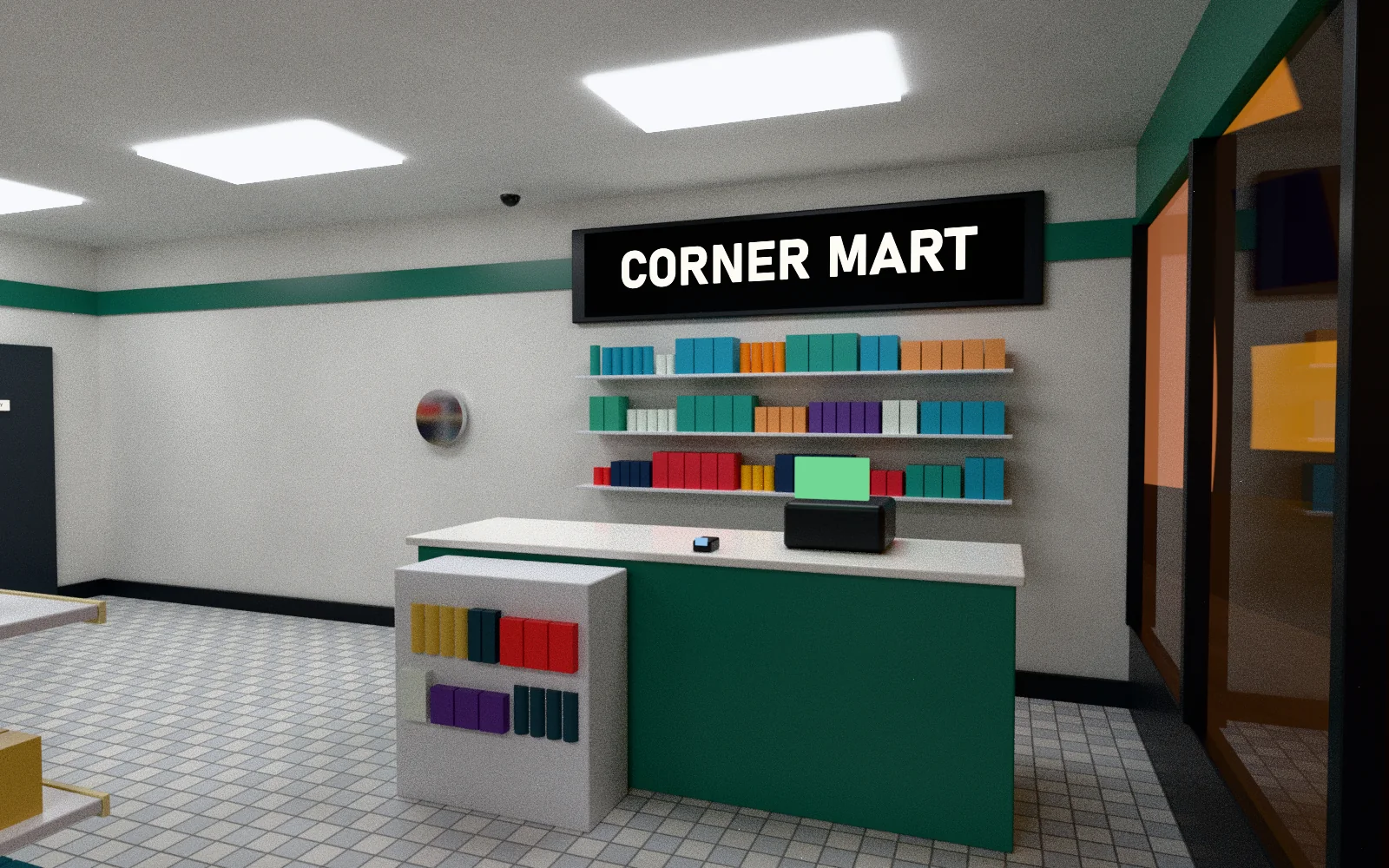 Checkout counter with the register, lit sign wall and front windows