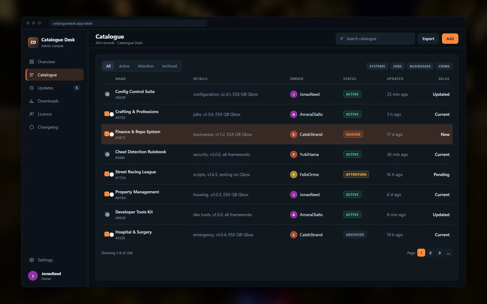 Catalogue table listing each script with category, version, framework support, dependencies and last change date, filtered by category