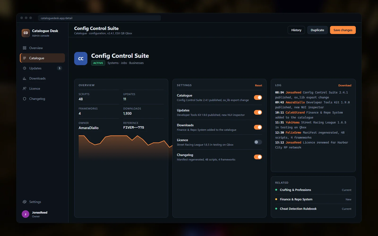 Script detail page for one resource with its version history, framework bridges, dependency list, download entry and a changelog of recent revisions